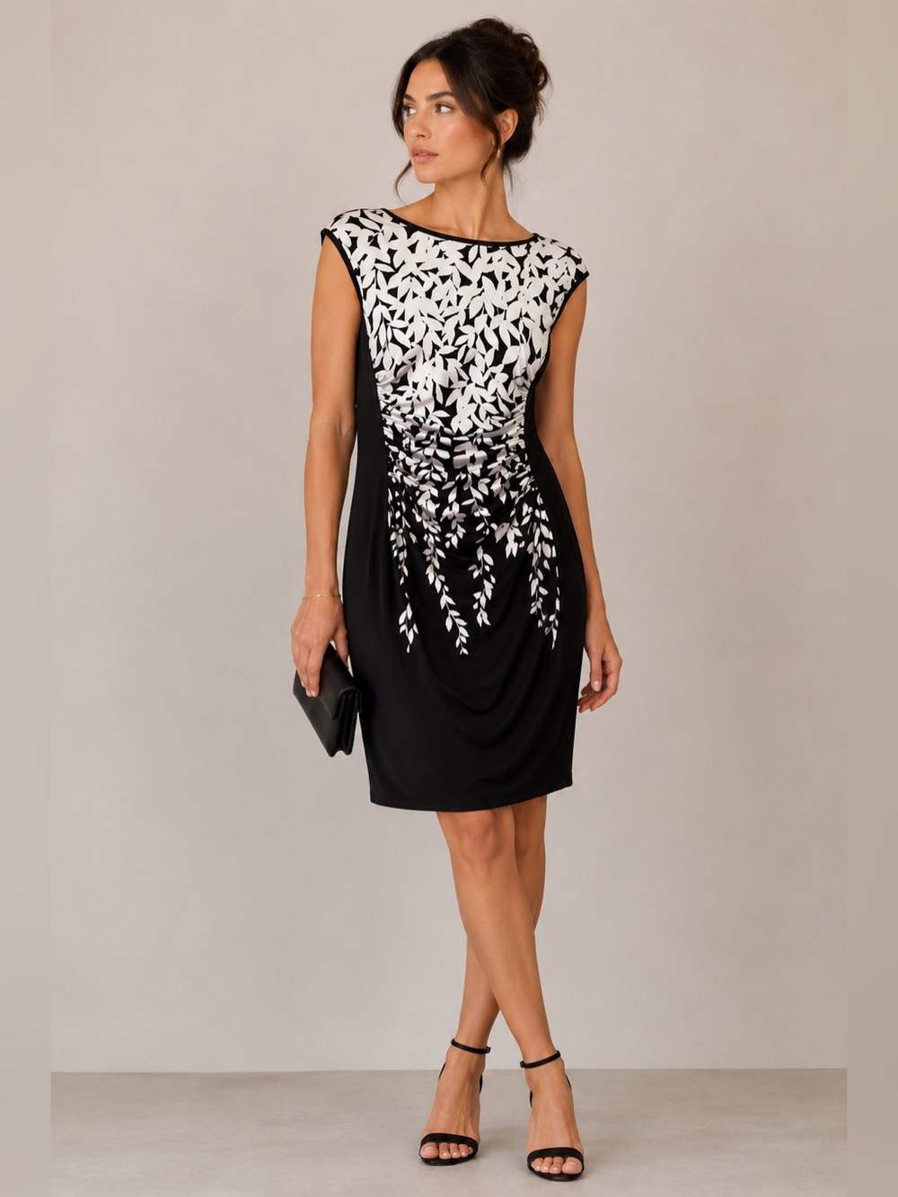 Lauren Ralph Lauren Black and White Leaf-Print Cap-Sleeve Midi Dress